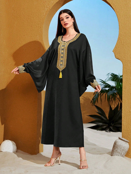 SHEIN Najma Embroidered Patchwork Tassel Decorated Lantern Sleeve Kaftan Dress