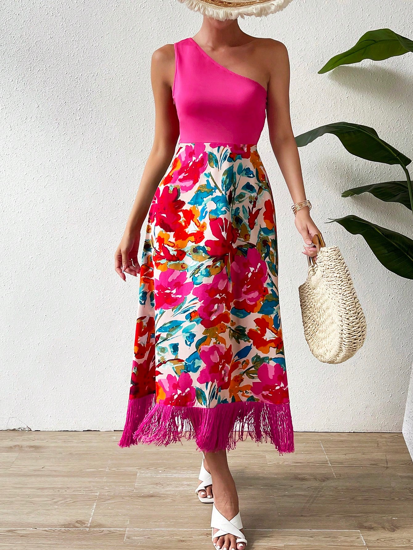 SHEIN Privé Floral Print One Shoulder Fringe Hem Dress