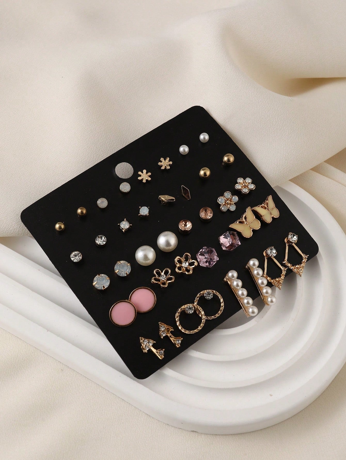 20Pairs/Set Rhinestone Butterfly & Pearl Decor Oil Drop Stud Earrings