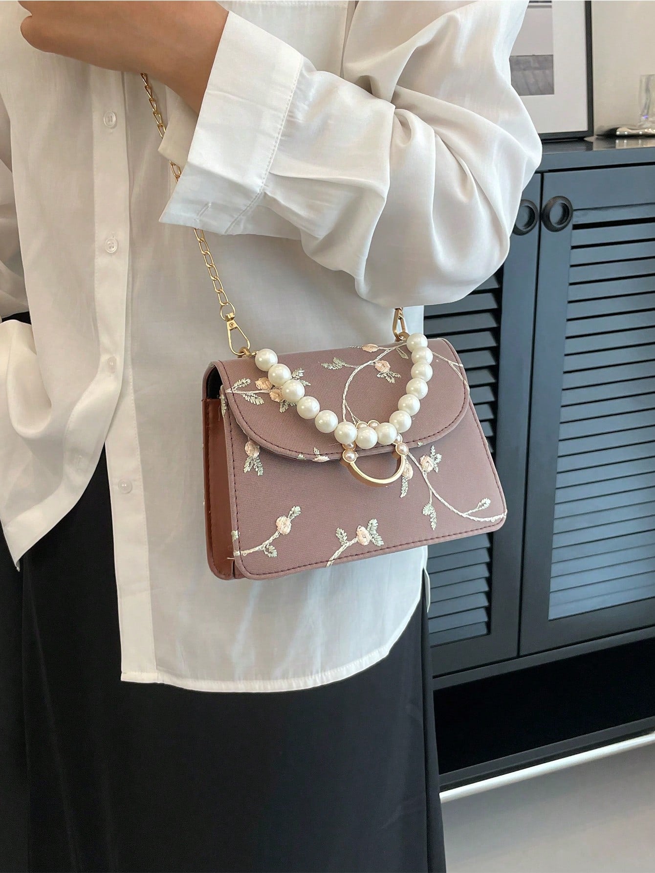 Mini Square Bag Flower Embroidery Faux Pearl Decor Fashionable