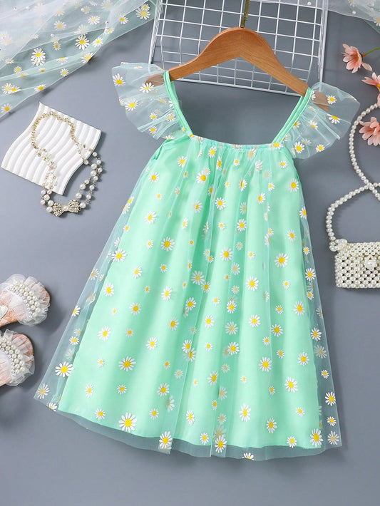 SHEIN Kids CHARMNG Toddler Girls' Cute Green Dandelion Print Dress with a Touch of Countryside Vacation Style