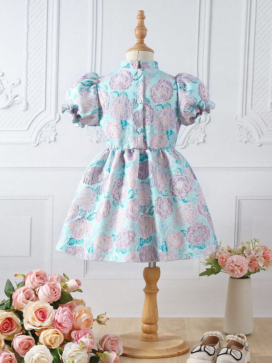 SHEIN Kids Nujoom Girls' Elegant Printed Dress with a Charming Temperament, Summer