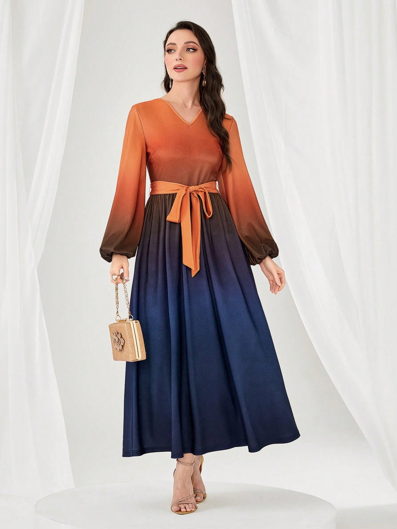 SHEIN Modely Ombre Lantern Sleeve Belted Dress