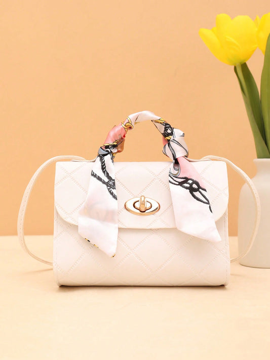 Silk Scarf Decorated Small Square Bag for Daily Shopping