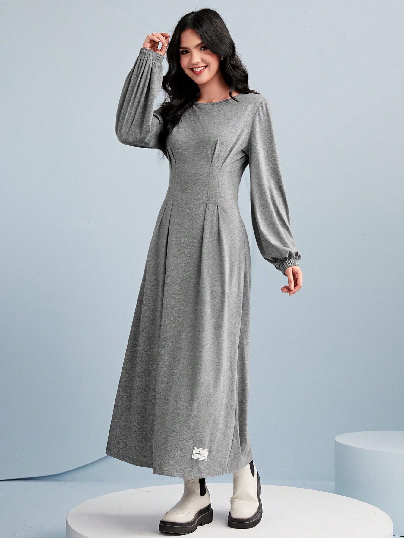 SHEIN Mulvari Letter Patched Detail Lantern Sleeve Fold Pleated Hem Dress