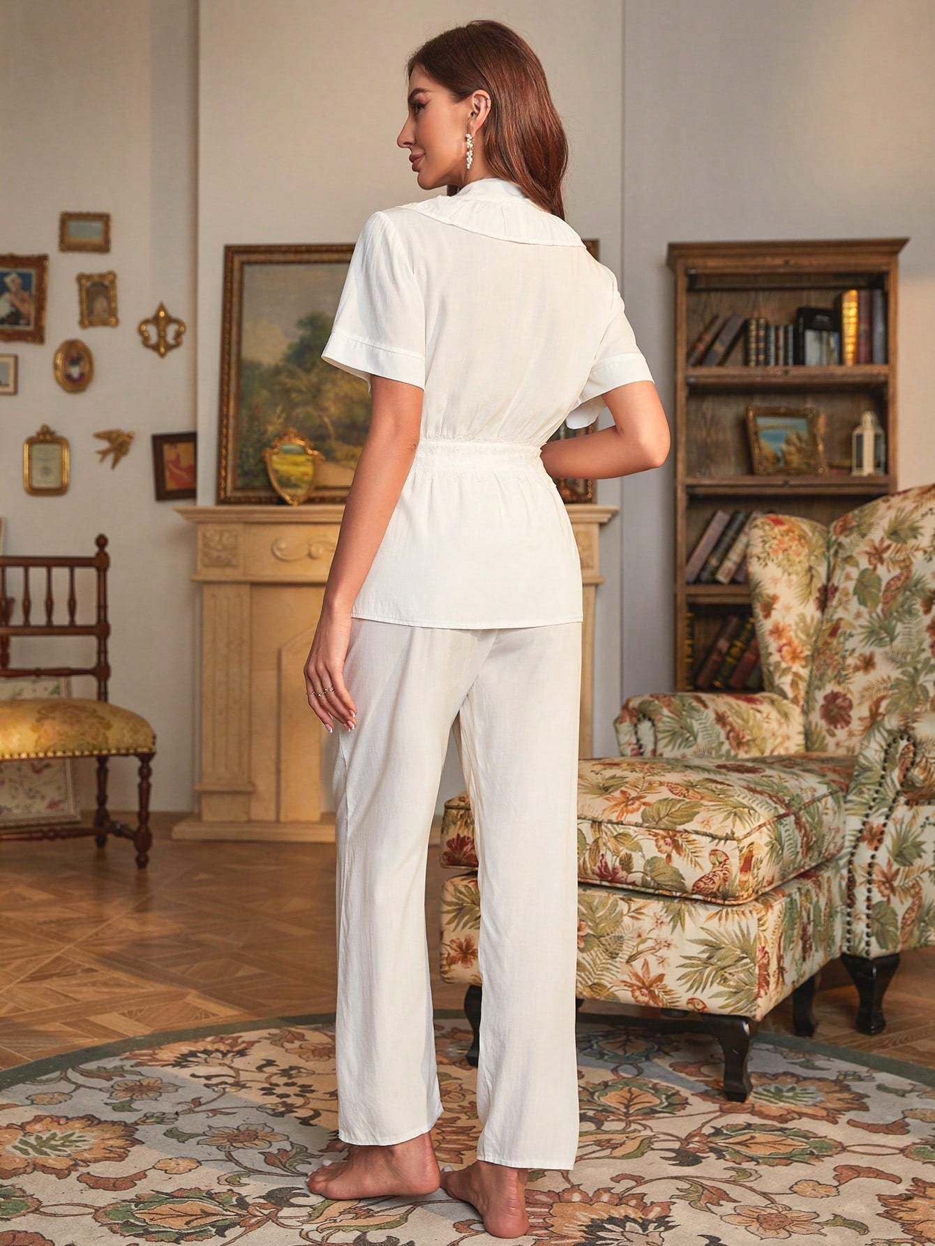 Ruffle Trim Knot Side Wrap Top & Pants PJ Set