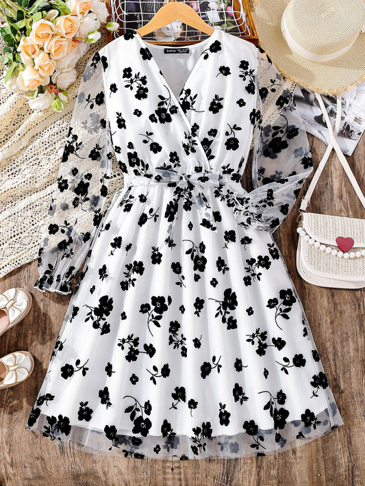 SHEIN Teen Girls Floral Print Flounce Sleeve Mesh Overlap Collar Dress