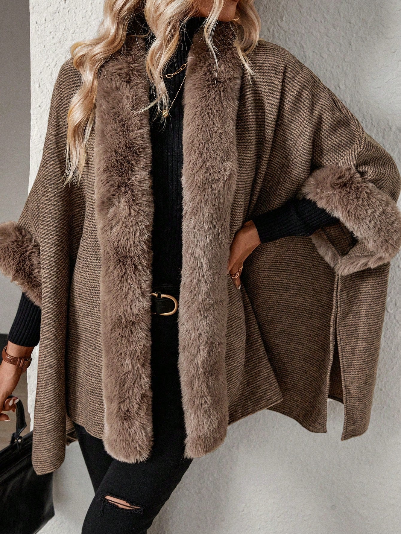 SHEIN Essnce Fuzzy Trim Batwing Sleeve Cape Cardigan
