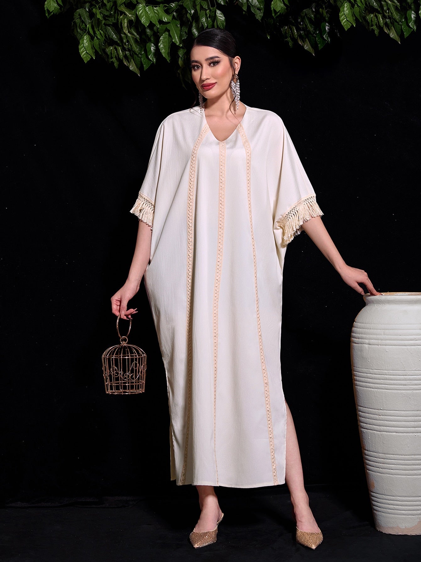 SHEIN Najma Fringe Trim Batwing Sleeve Split Hem Kaftan