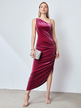 MOTF PREMIUM RUCHED VELVET CHAIN STRAP DRESS