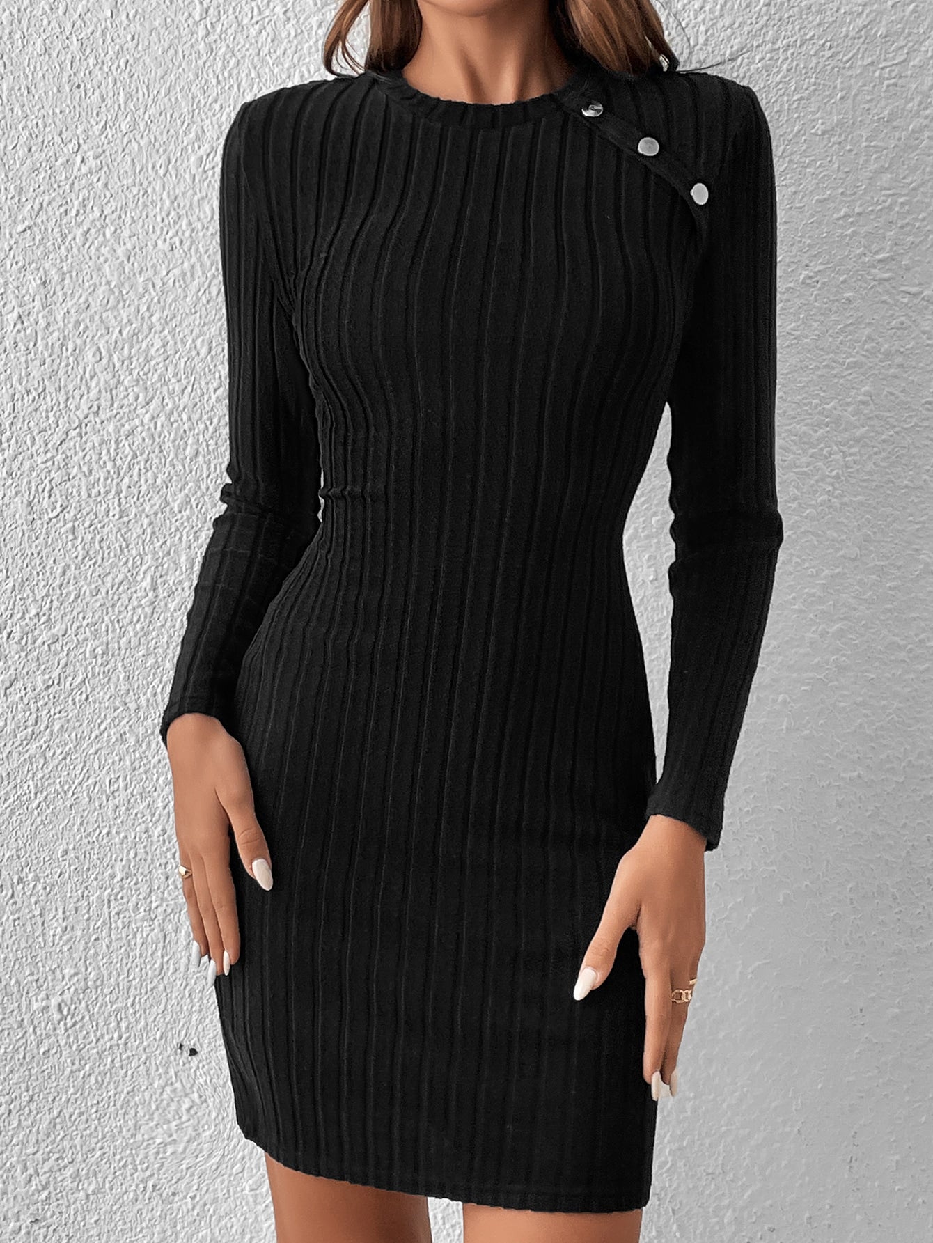 SHEIN Frenchy Button Detail Ribbed Knit Bodycon Dress