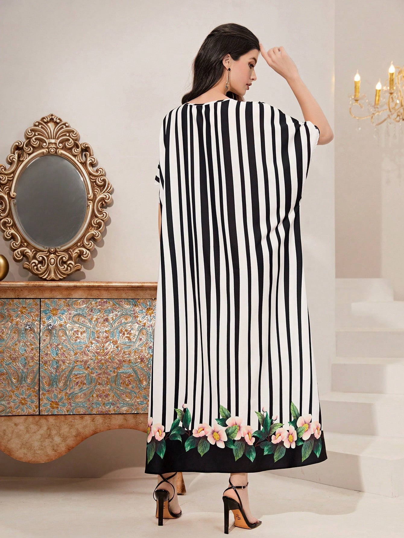 SHEIN Najma Striped & Floral Print Batwing Sleeve Dress