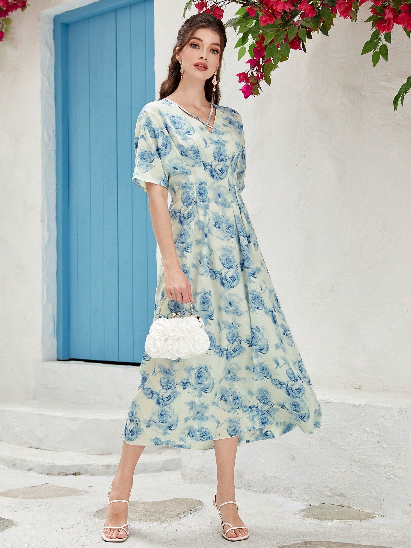 SHEIN Mulvari Floral Print Batwing Sleeve Belted Dress