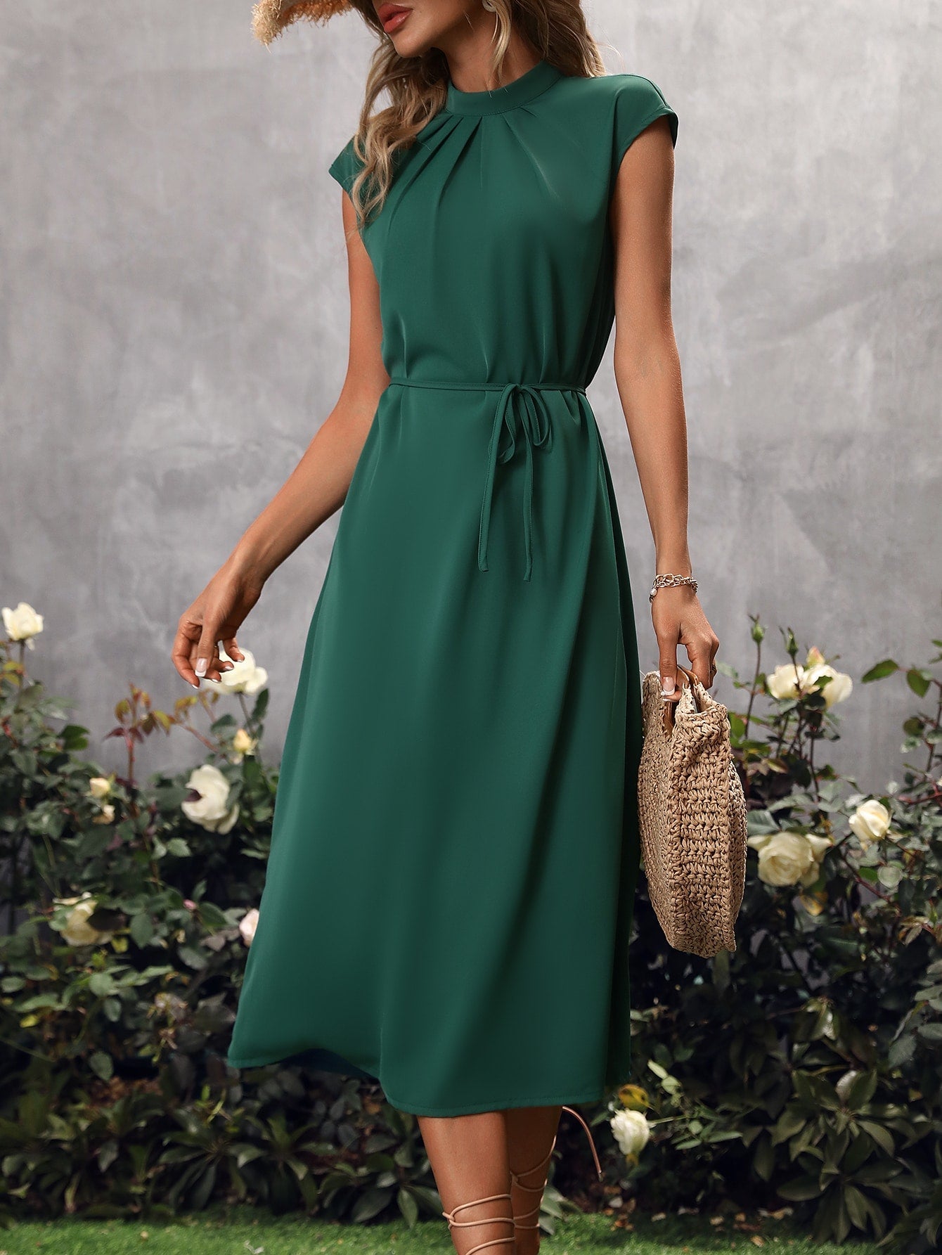 Solid Batwing Sleeve Belted Dress