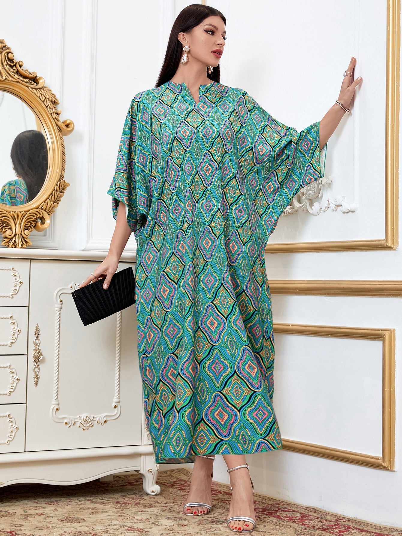 SHEIN Najma Damask Print Notched Neck Dolman Sleeve Kaftan