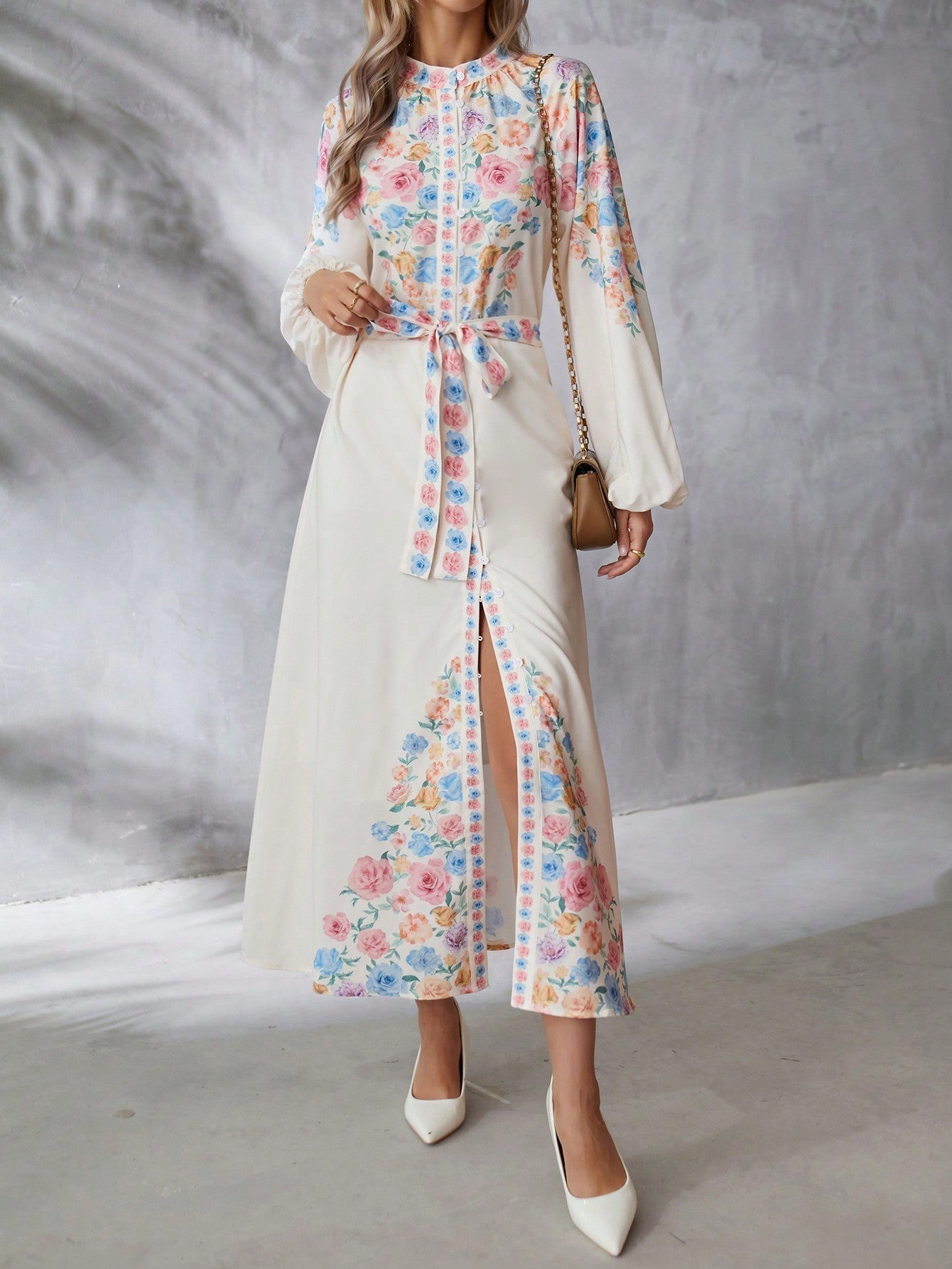 SHEIN VCAY Floral Printed Long Sleeve Belted Dress for Women