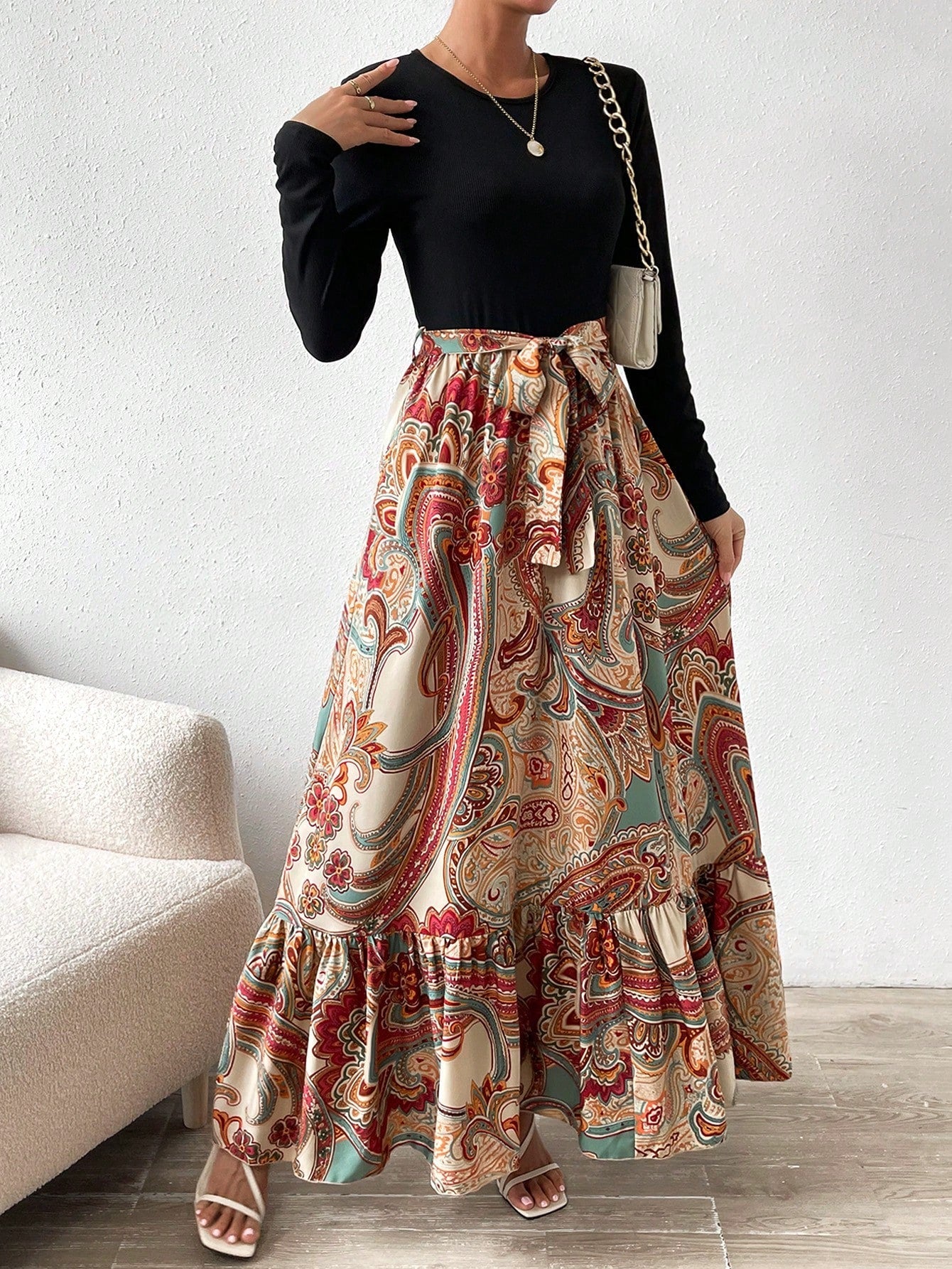 SHEIN VCAY Paisley Print Ruffle Hem Belted Dress