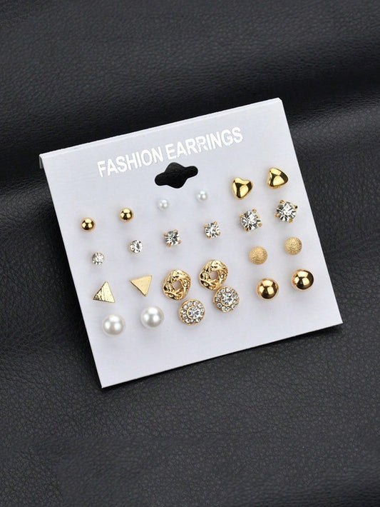 12Pairs/Set Heart Shaped Diamond with Pearl Decor Stud Earrings Set, Simple Gold Color Earrings Suitable for Girls