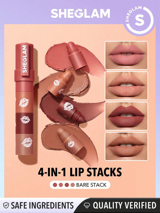 SHEGLAM Mega Lip Stacks-Nude-Bare Stack 4 in 1 Creamy-Matte Nude Lipstick Kit High Pigment Non-Drying Portable Travel Lipstick Kit Lip Makeup Black Friday Lipstick