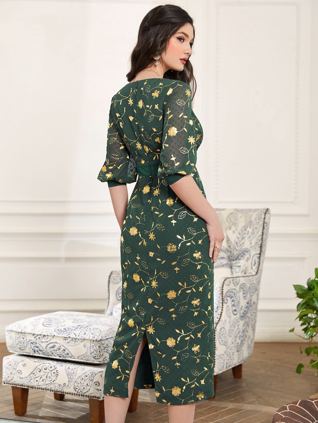 SHEIN Najma Floral Print Lantern Sleeve Split Back Dress