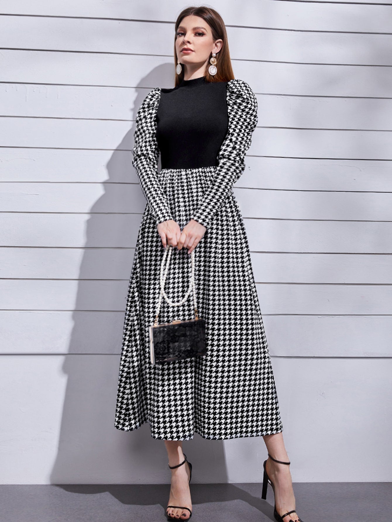 SHEIN Modely Mock Neck Leg-Of-Mutton Sleeve Houndstooth Dress