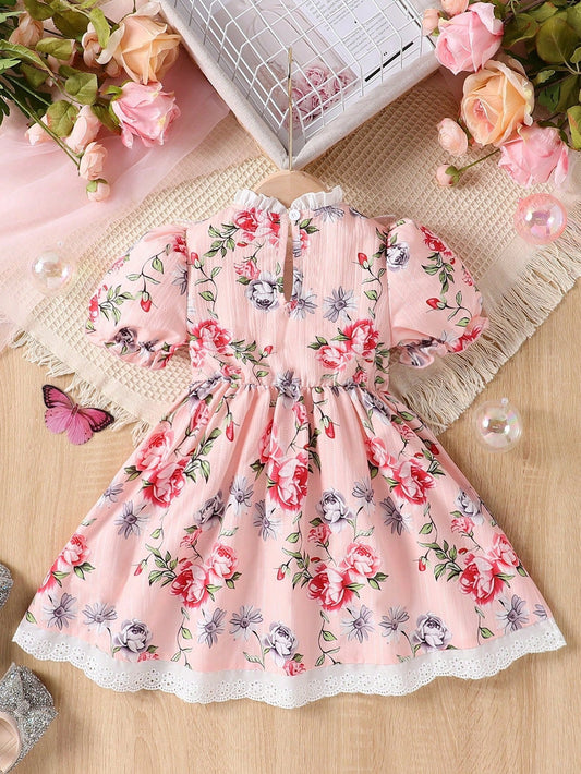 SHEIN Kids Nujoom Toddler Girls' Vintage Floral Palace Style Puffy Princess Dress with Puff Sleeves