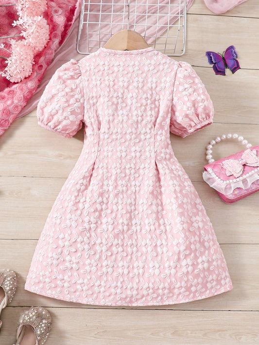 SHEIN Kids FANZEY Little Girls' Ladylike Jacquard Puff Sleeve Dress with Front Button Placket