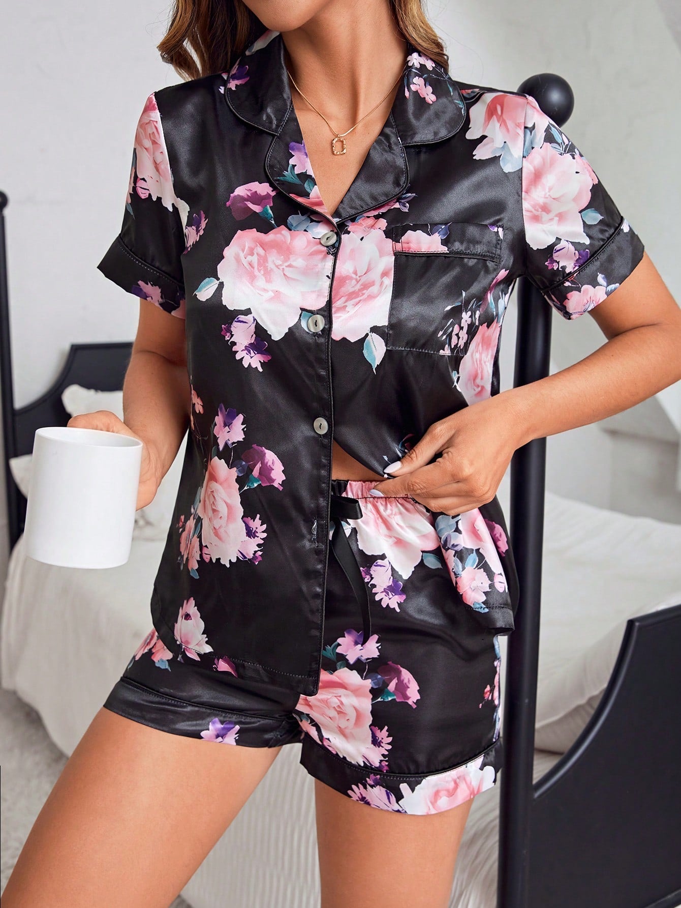 Floral Printed Satin Pajama Set