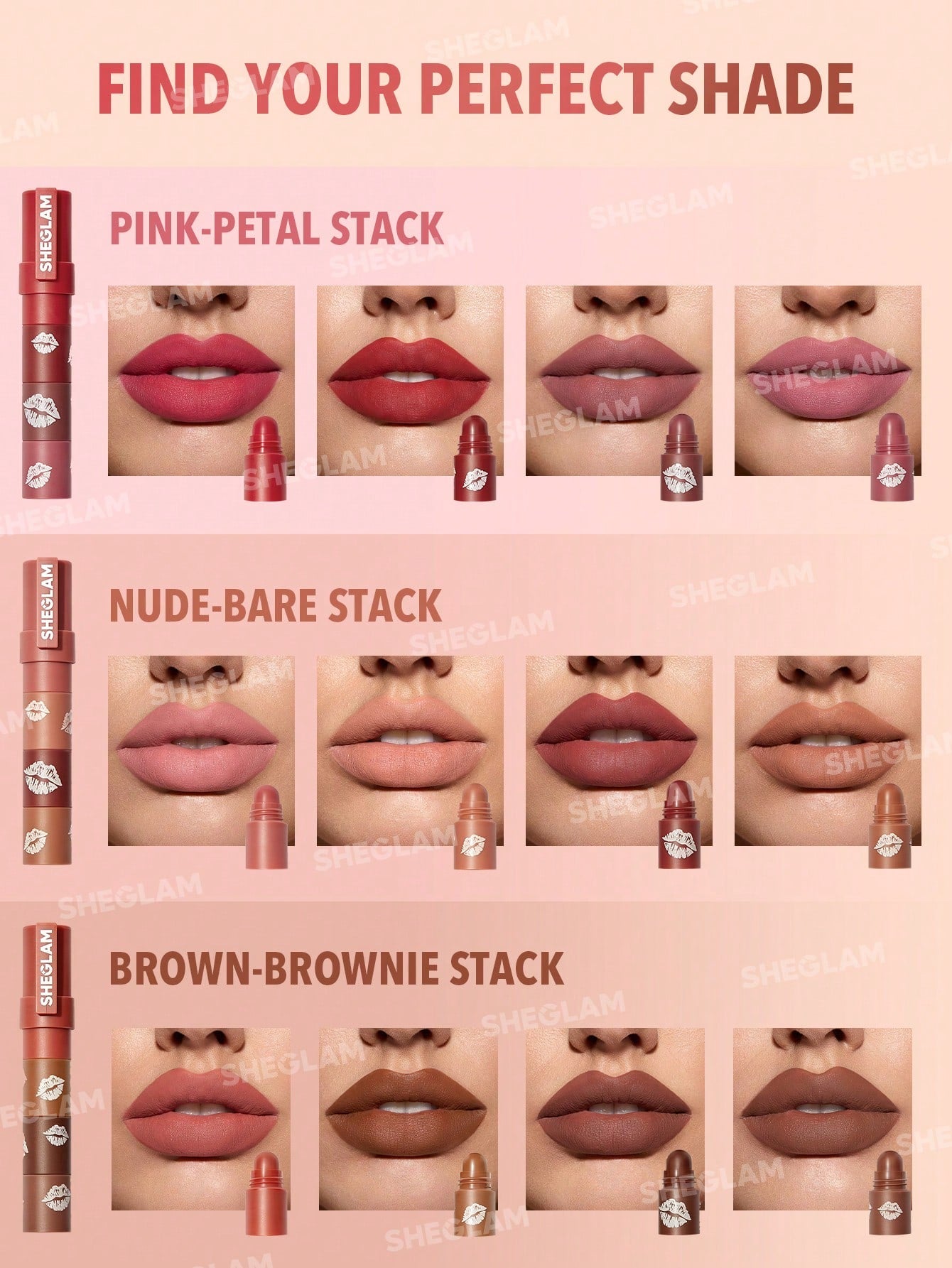 SHEGLAM Mega Lip Stacks-Pink-Petal Stack 4 in 1 Creamy-Matte Red Lipstick Kit High Pigment Non-Drying Portable Travel Lipstick Lip Makeup Hot Pink Black Friday Lipstick