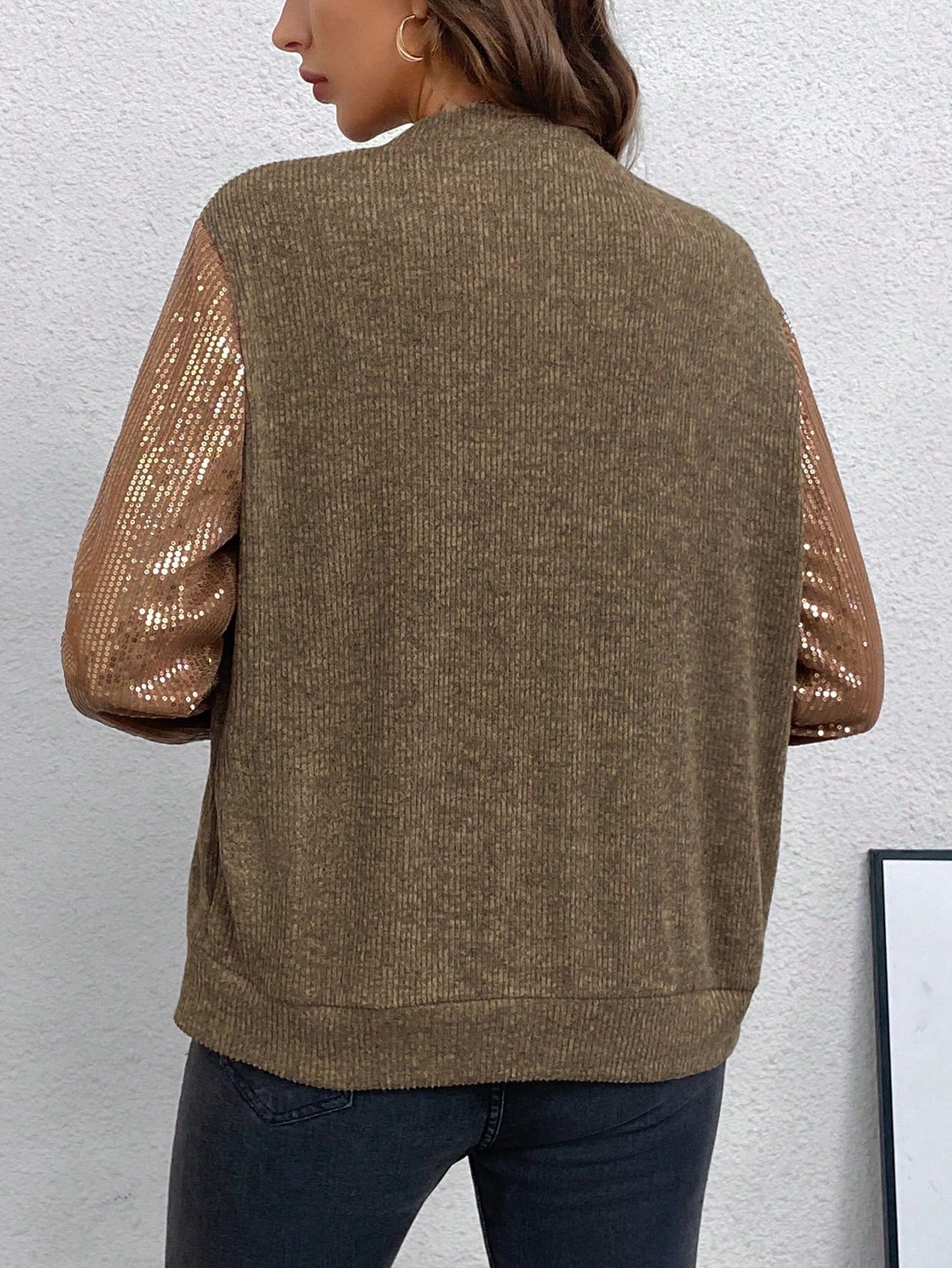 SHEIN LUNE Contrast Sequin Zip up Bomber Jacket