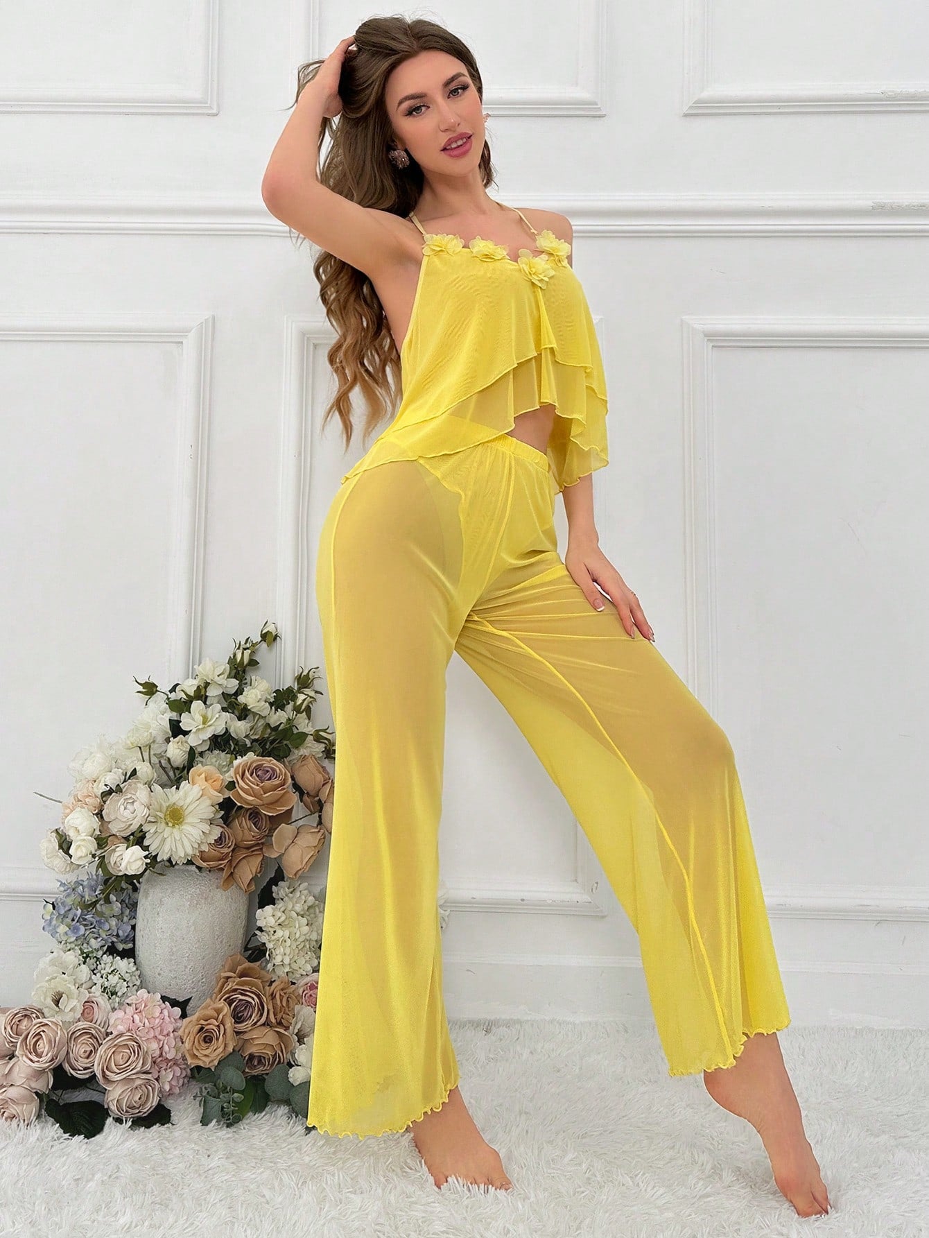 Women'S Mesh Applique Halter Sleepwear Set
