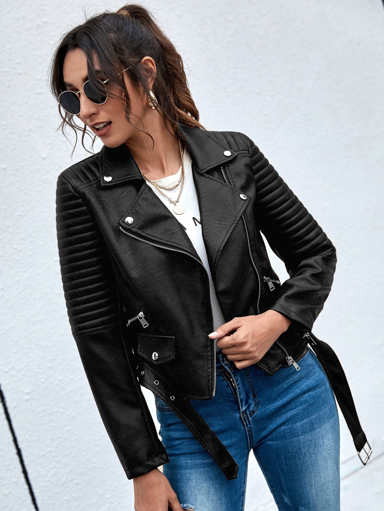 SHEIN Essnce Lapel Collar Belted Zip up PU Moto Jacket
