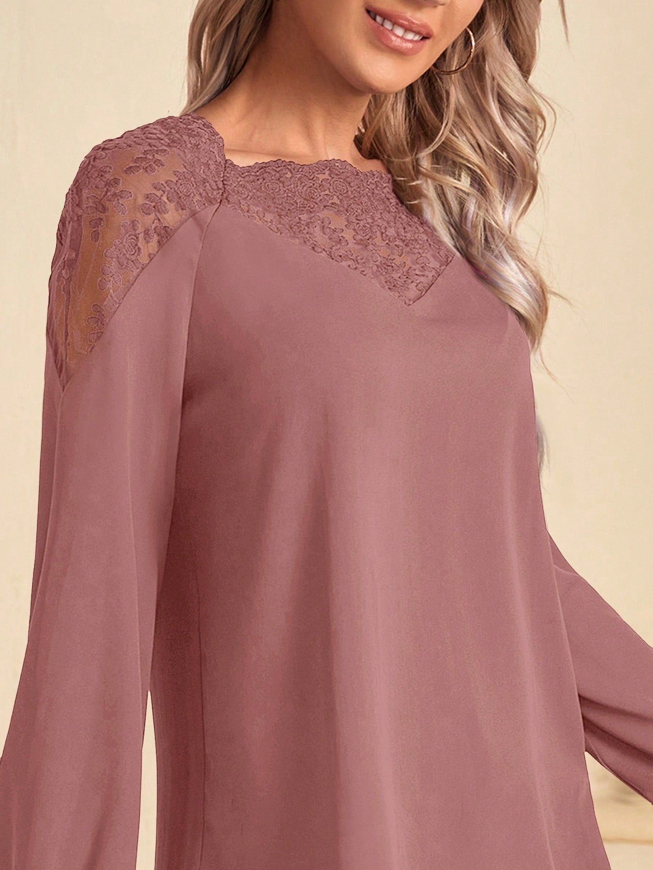 EMERY ROSE Contrast Embroidery Mesh Raglan Sleeve Blouse