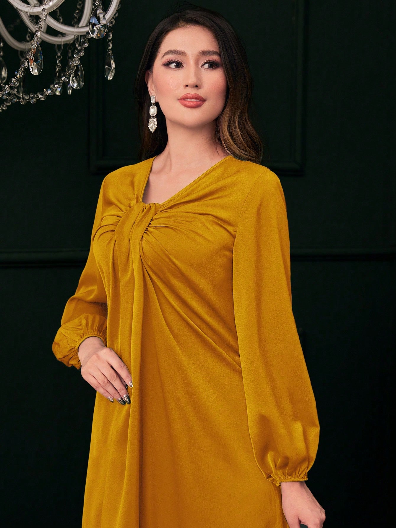 SHEIN Modely Ruched Front Lantern Sleeve Dress