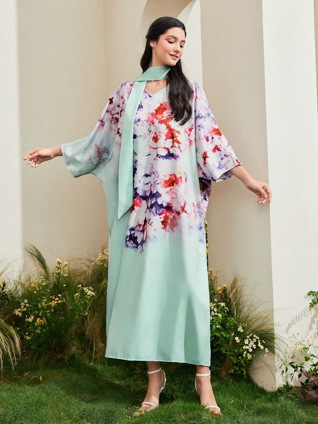 SHEIN Najma Floral Print Batwing Sleeve Dress with Scarf