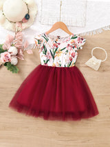 SHEIN Kids Nujoom Young Girl Floral Print Contrast Mesh A-Line Dress