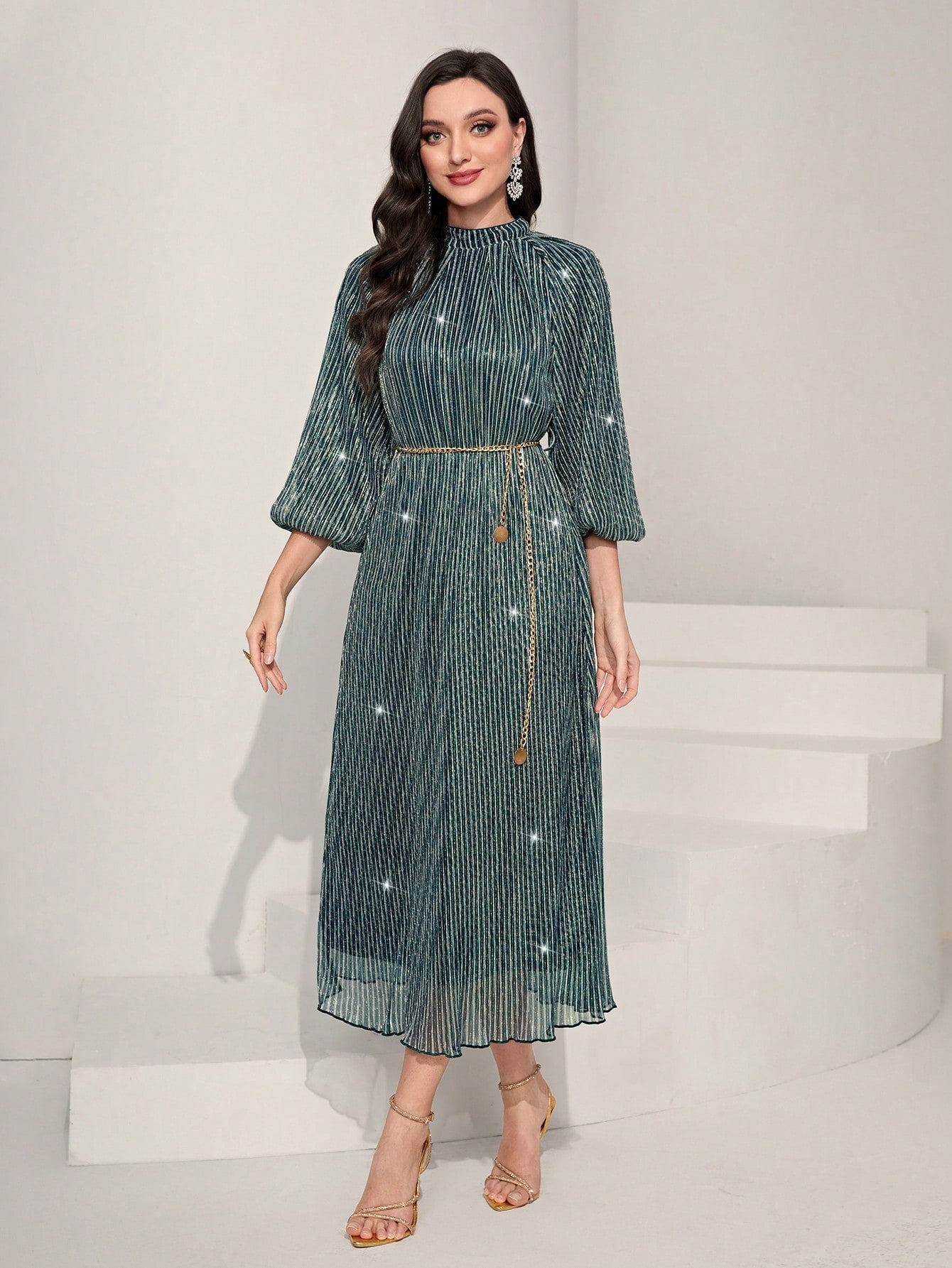 SHEIN Modely Mock Neck Lantern Sleeve Belted Dress