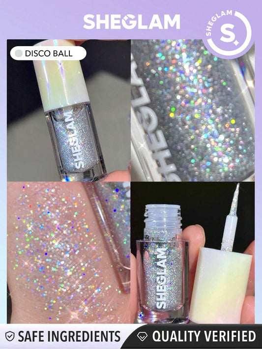 SHEGLAM Insta-Party Glitter Liner-Disco Ball Liquid Eyeshadow Gel Silver High Shine Long Lasting Highly Pigmented Long Wear Liquid Liner Y2K Gothic Eyeshadow
