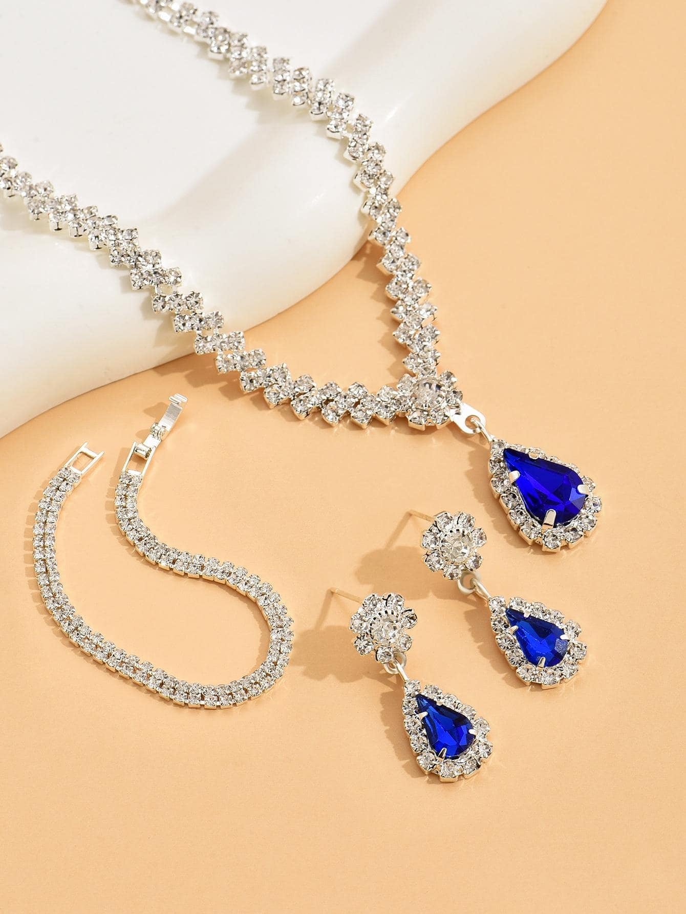 Rhinestone Water-Drop Charm Necklace & Drop Earrings & Bracelet