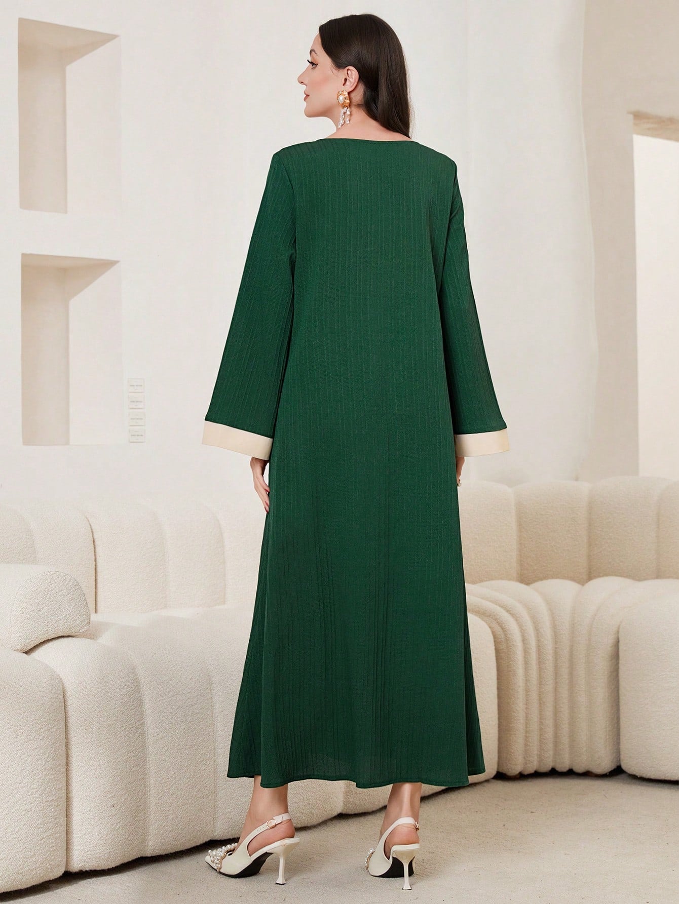 SHEIN Najma Green V-Neck Contrast Binding Dress