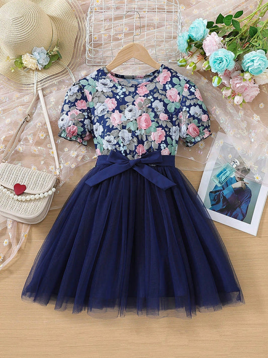 Tween Girls' Floral Print Colorblock Tulle Hem A-Line Dress
