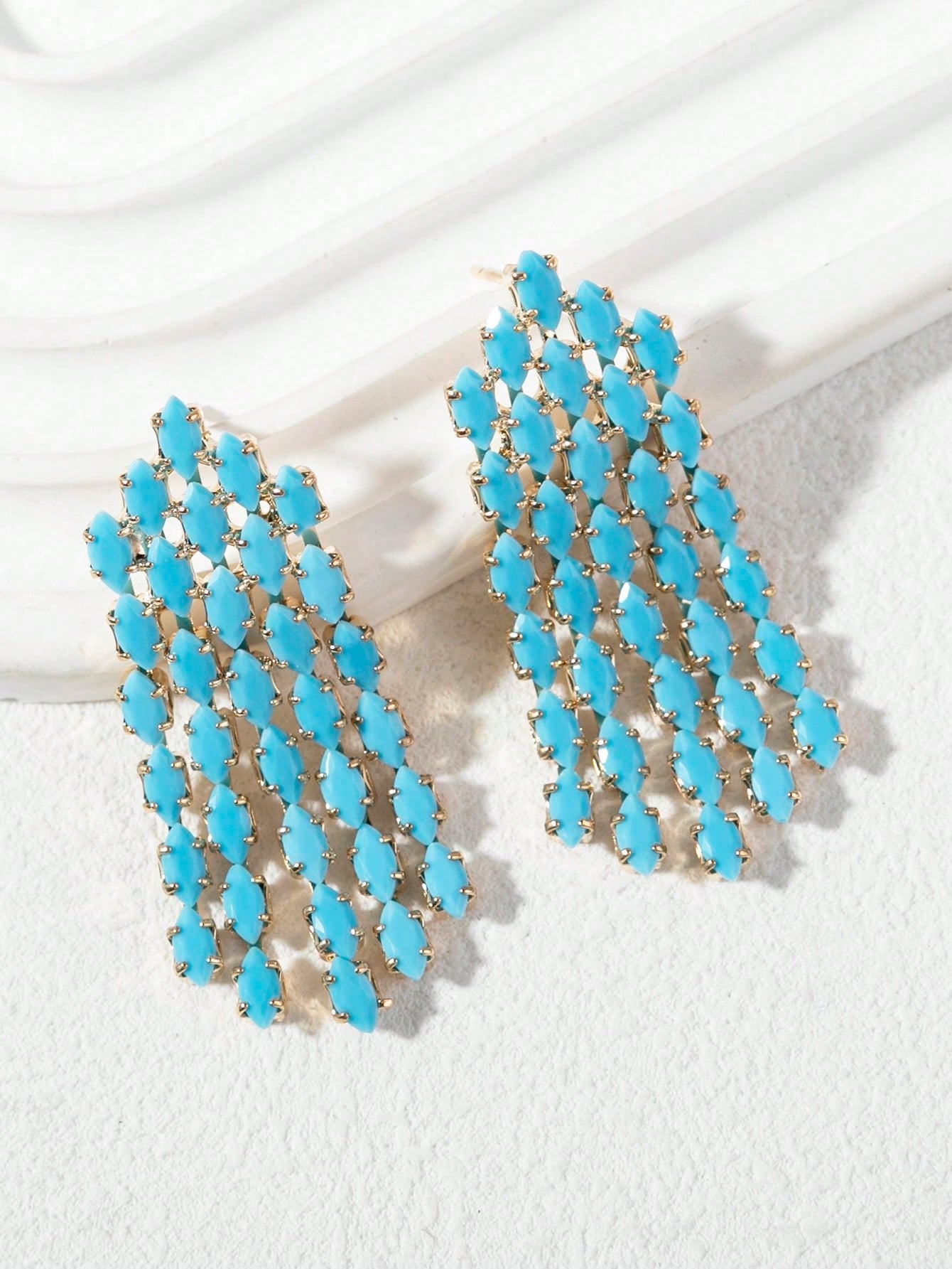 1Pair Fashionable Blue Glass Cat'S Eye & Tassel Dangle Earrings Suitable for Daily & Vacation Wear for Women