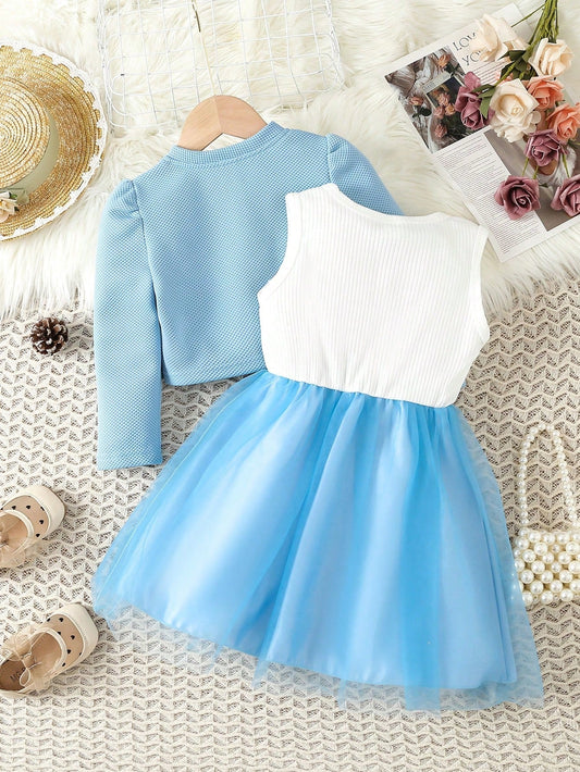 SHEIN Kids CHARMNG Young Girl Floral Embroidery Mesh Overlay Dress & Puff Sleeve Jacket