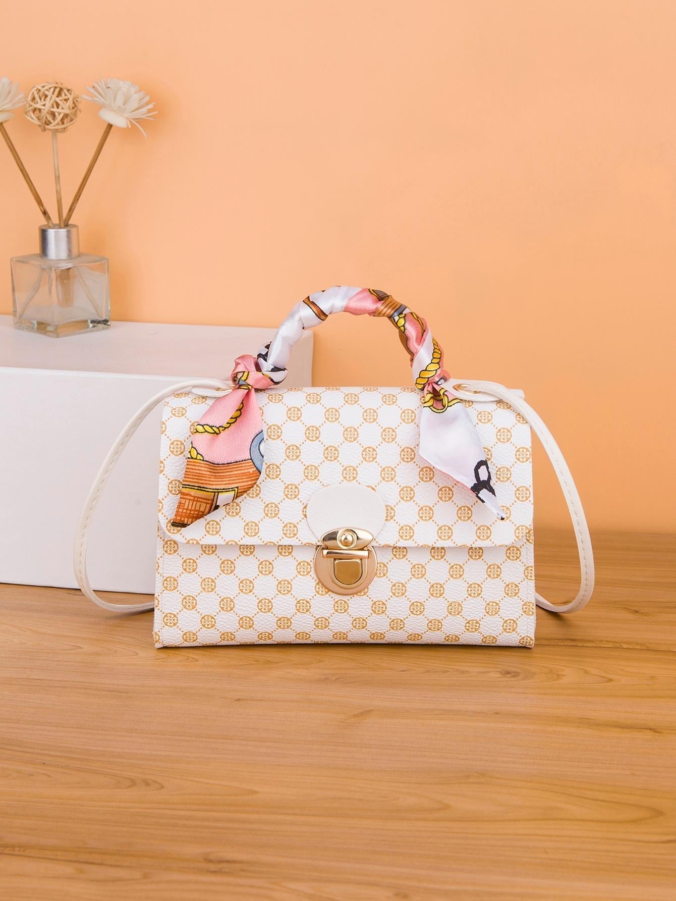 Waterproof Trendy Geometric Pattern Twilly Scarf Decor Flap Square Bag Push Lock Portable for Women