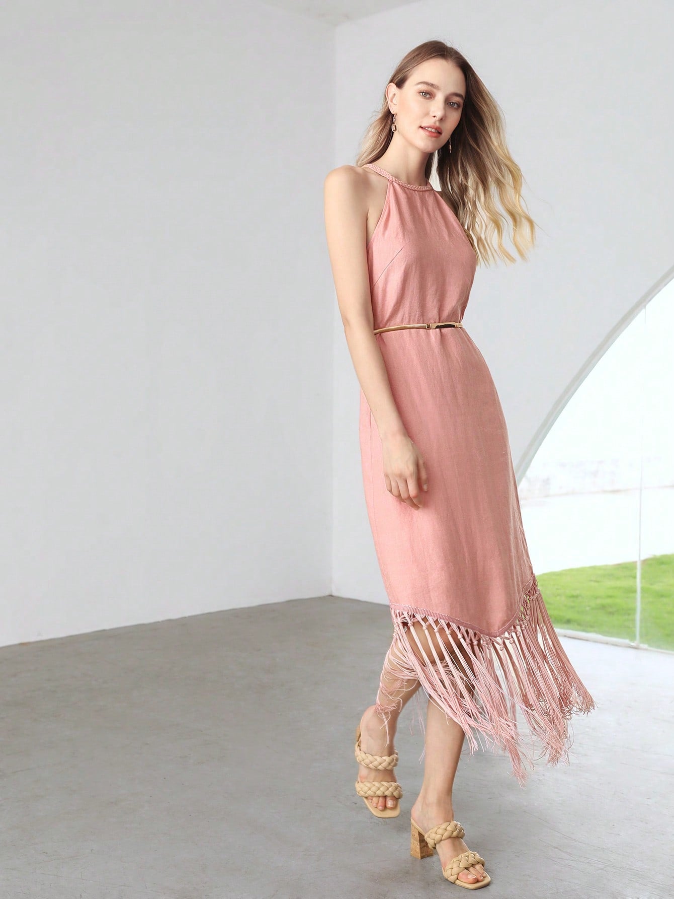 MOTF X Nour PREMIUM PURE LINEN FRINGE HALTER DRESS without BELT