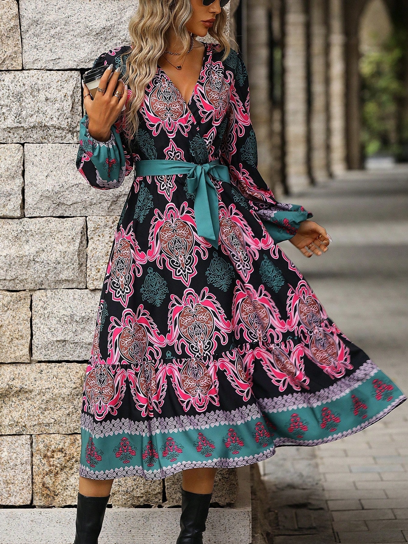 Allover Print Lantern Sleeve Belted Dress