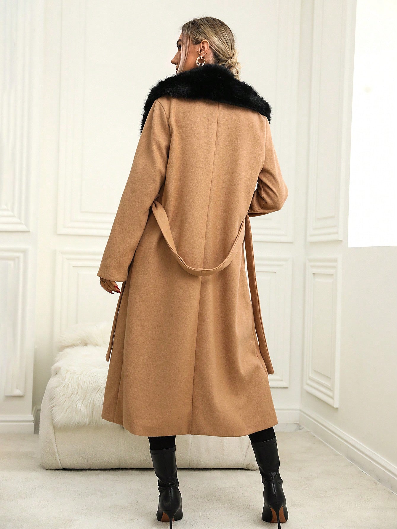 SHEIN Privé Fuzzy Collar Flap Detail Belted Overcoat