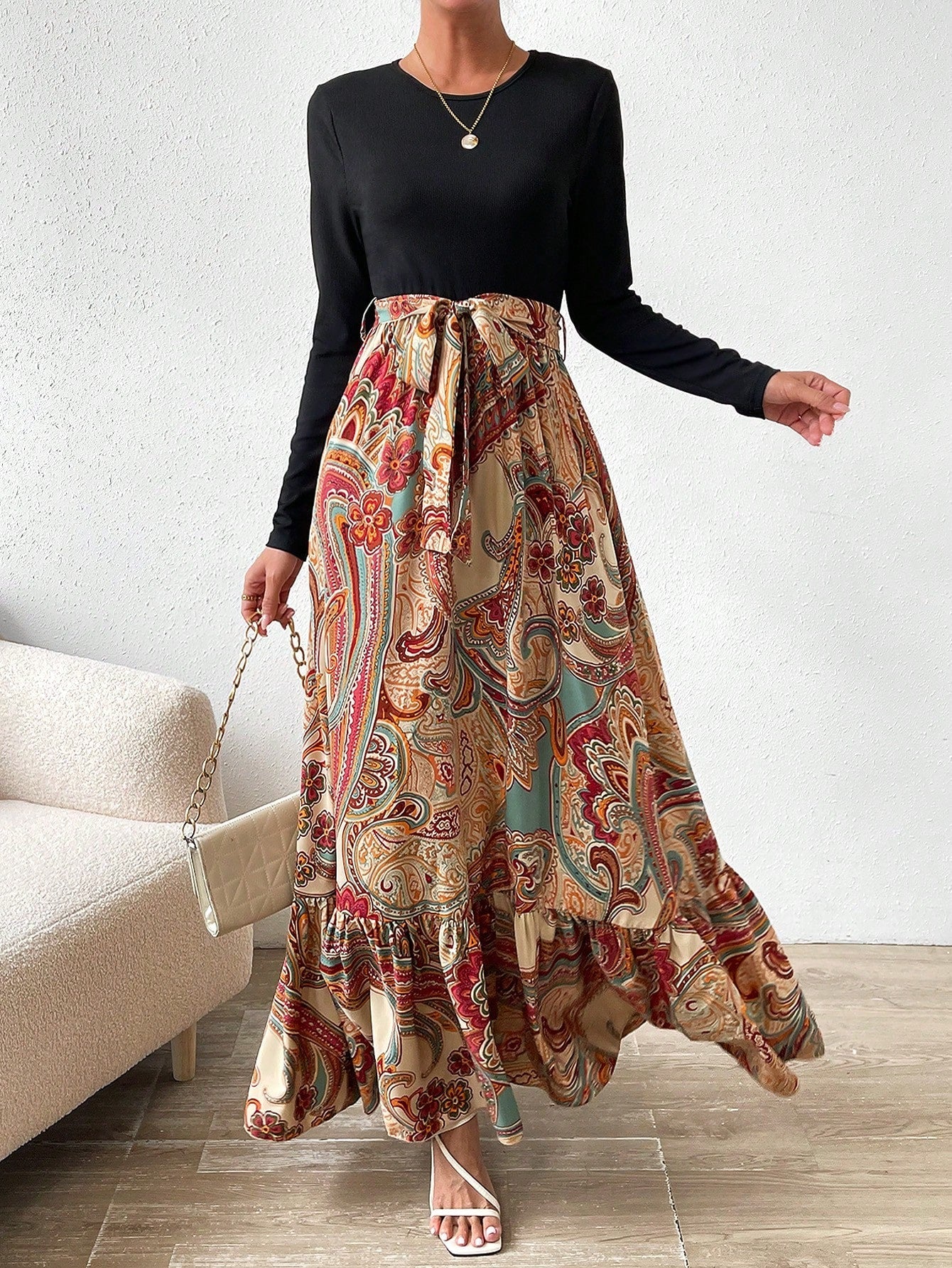 SHEIN VCAY Paisley Print Ruffle Hem Belted Dress