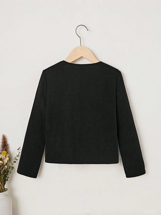 SHEIN Kids Cooltwn Tween Girl'S Casual Beaded Knitted Jacket without Collar for Autumn and Winter