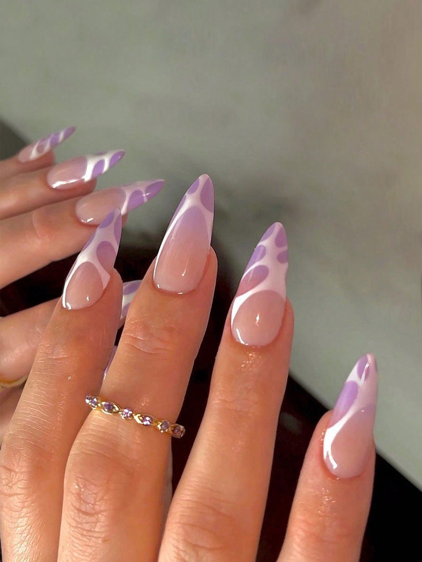 Elevate Your Style With,24Pcs Long Almond Shaped Purple Gradient &Ripple Design Fake Nail Set,Fit Perfectly& Medium Length Design,Contain 1Pcs Jelly Glue and 1Pcs Nail File, for Daily Wear by Women and Girls